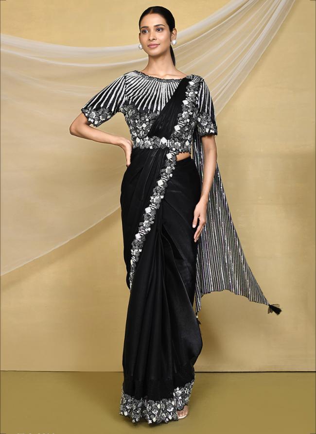 Crepe Silk Black Party Wear Embroidery Work Readymade Saree